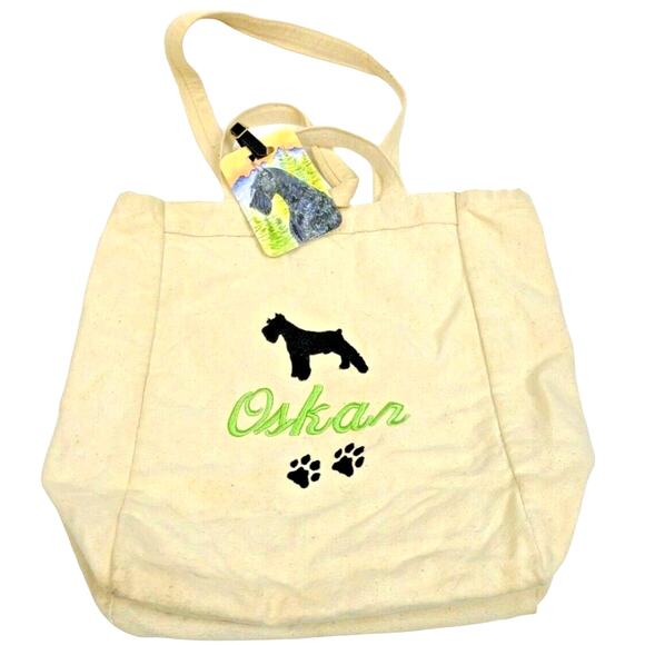 Embroidered Canvas Tote Bag Dog Lover Schnauzer Silhouette Gift w Bonus ID Tag - Picture 1 of 8